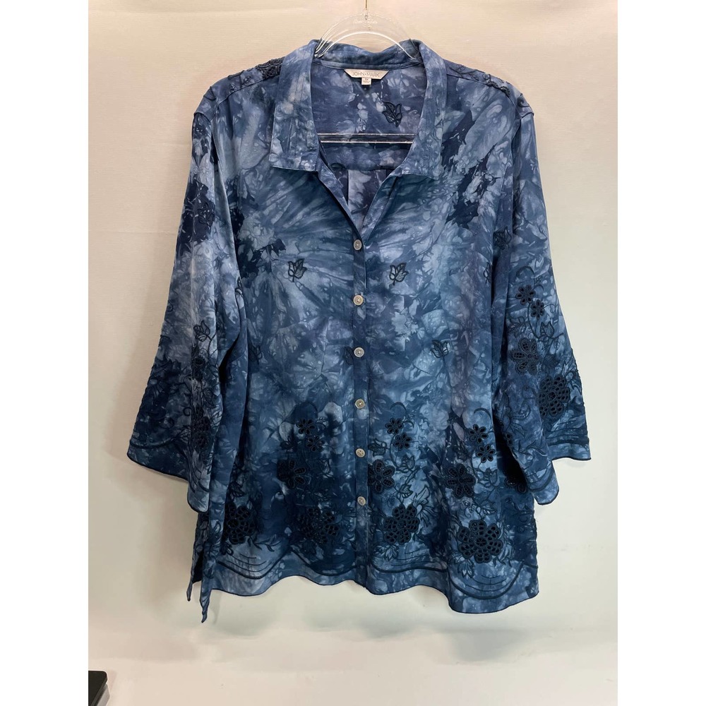 John Mark Blue Tie-Dye Button Front Tunic with Embroidery